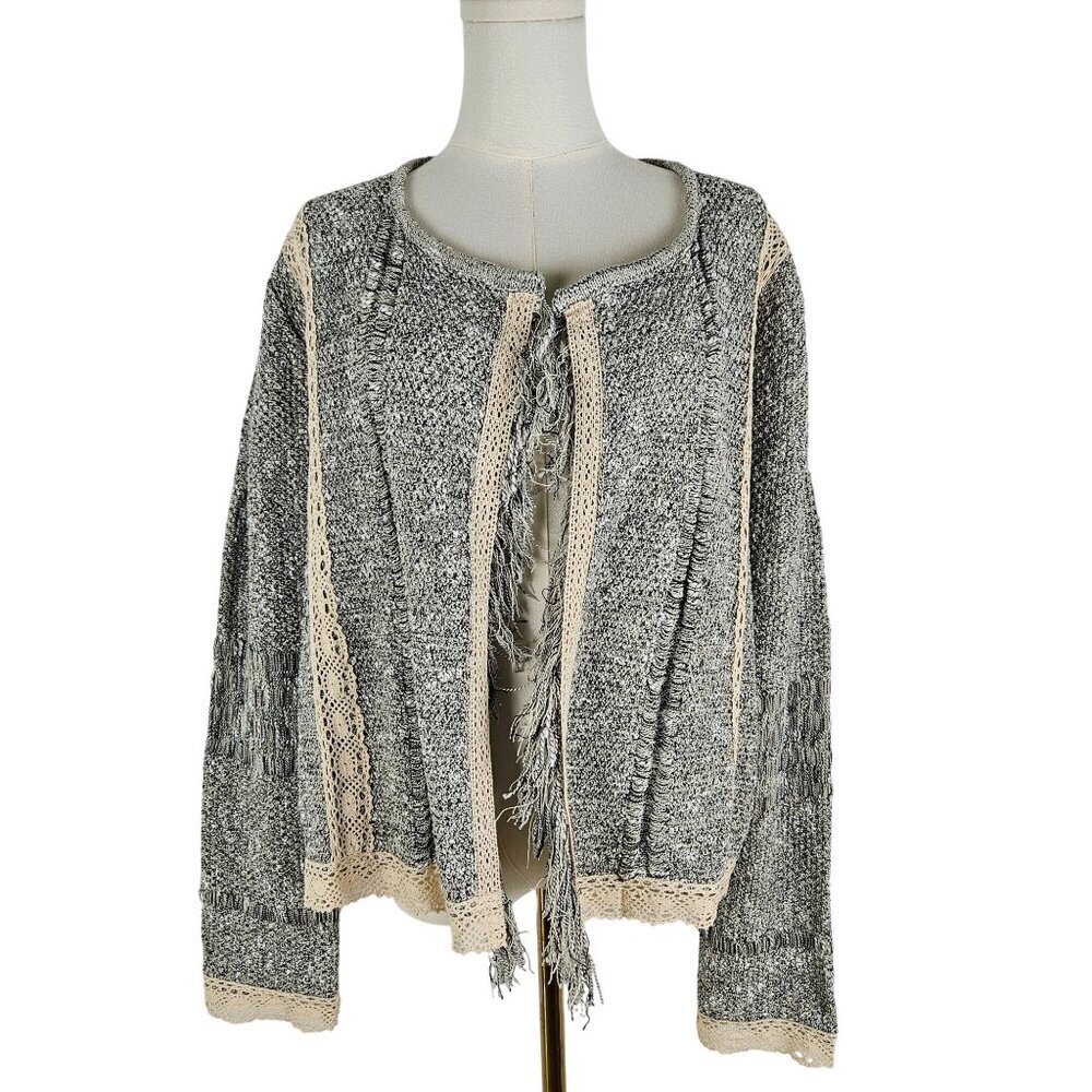 Mary McFadden Open Front Cardigan Large Boho Fringe Lace Tweed Gray
